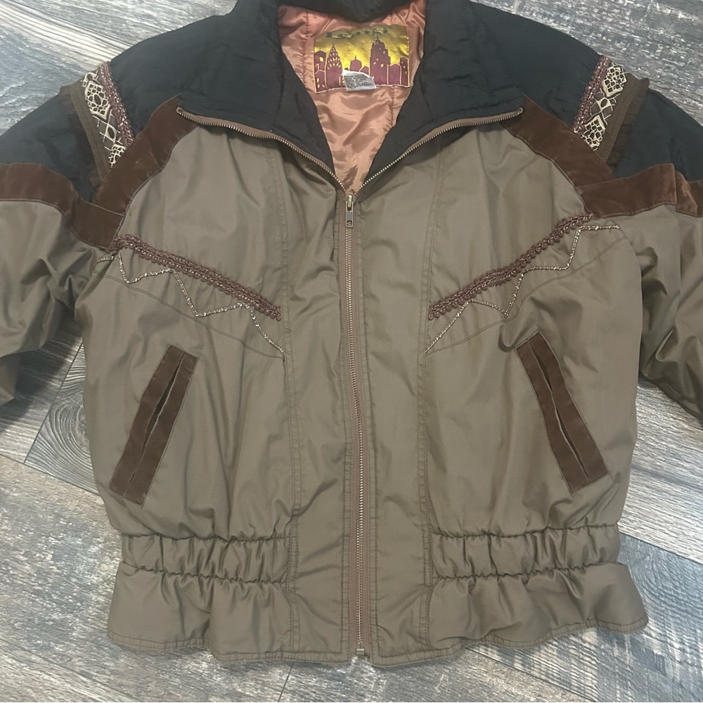 Vintage 80’s Learsi Brown Black Puffer Jacket Embroidered Velvet Detail Women L